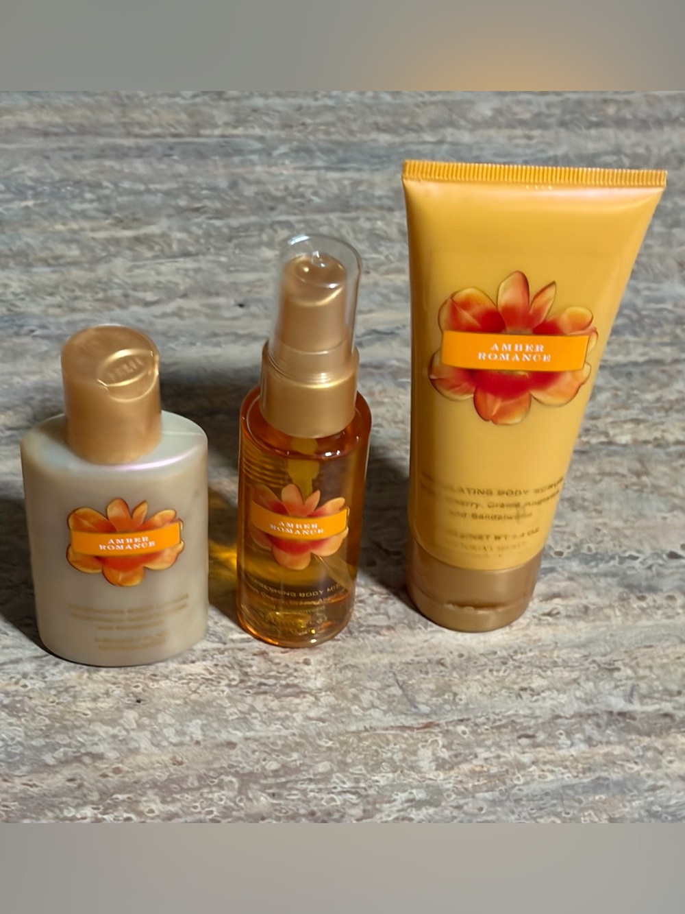 Bath & Body Works Amber Romance Body Lotion, Body Scrub, Fragrance Mist Set